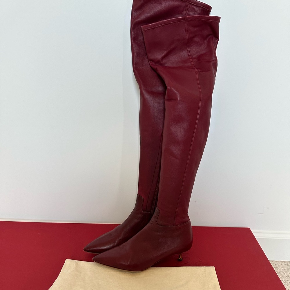 Valentino Garavani over the knee lambskin kitty heel boots in RUBINO burgundy